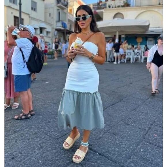 ZARA Strapless Pleated Midi Dress NWT – White & Sage Green, Size M & L - Picture 11 of 16